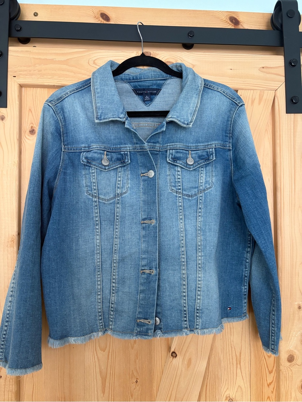 Tommy Hilfiger Medium Wash Blue Denim Jacket with Frayed Hem